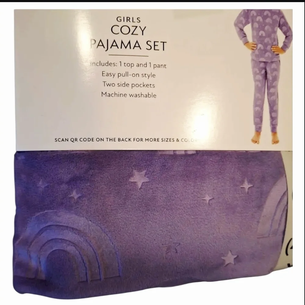 Members Mark Girls Lilac Purple Pastel Rainbow Plush Fleece Pajama Set - XS 4/5